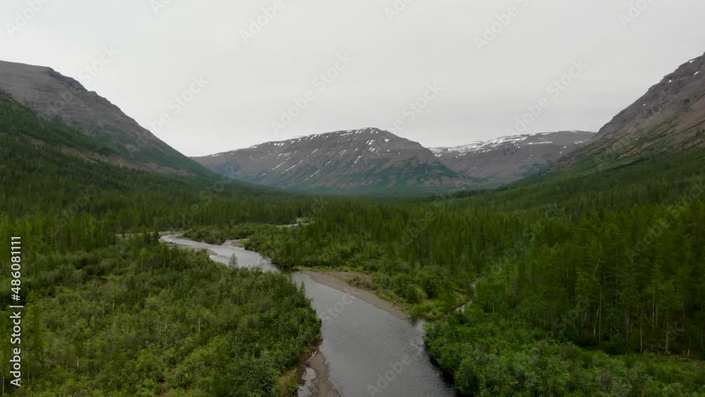 Aerial view of the forest and river at Putorana plateau Aerial view of the forest and river at Putorana plateau