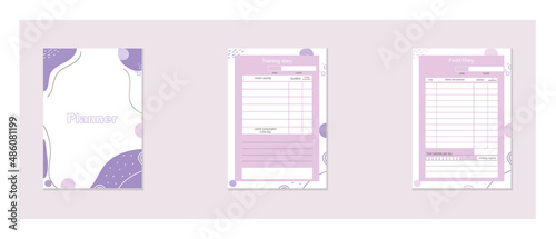 A set of planners for training, fitness and eating. A4 organizer template for printing. Daily planning of products, meals, meals and sports schedules. Daily planner.