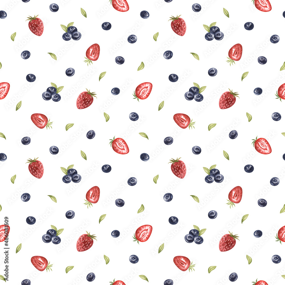 Watercolor seamless pattern of juicu wild berries blueberries, raspberries, lingonberries, strawberries, blueberries, cherries. hand drawn illustration. Art for cookbook, kitchen, textile, menu cafe. Watercolor seamless pattern of juicu wild berries blueberries, raspberries, lingonberries, strawberries, blueberries, cherries. hand drawn illustration. Art for cookbook, kitchen, textile, menu cafe.