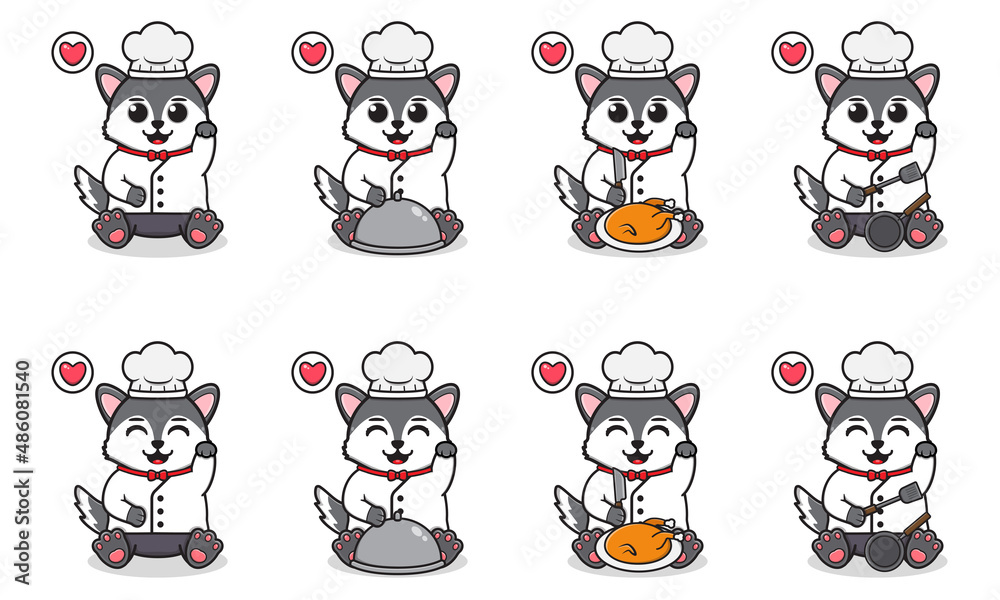 Obraz premium Vector Illustration of Cute sitting Wolf cartoon hand up pose with Chef costume. Set of cute little Wolf characters. Collection of funny little wolf isolated on a white background.