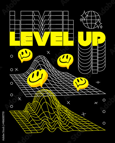 Abstract Level up poster, dripping emoji. Acid style, deformed platform mesh, surreal aesthetics. Vector