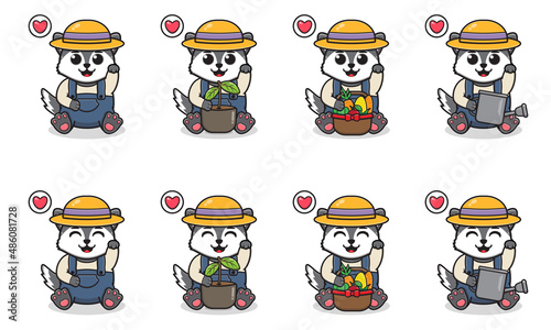 Vector Illustration of Cute sitting Wolf cartoon hand up pose with Farmer costume. Set of cute little Wolf characters. Collection of funny little wolf isolated on a white background. © Heru