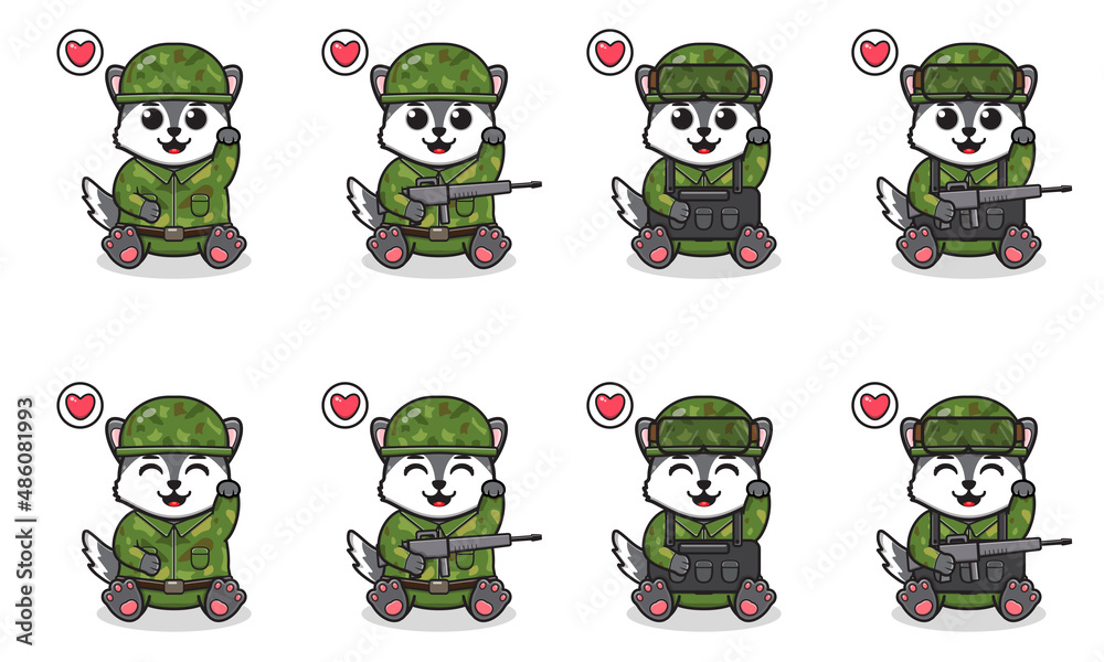 Vector Illustration of Cute sitting Wolf cartoon hand up pose with Soldier costume. Set of cute little Wolf characters. Collection of funny little wolf isolated on a white background. Vector Illustration of Cute sitting Wolf cartoon hand up pose with Soldier costume. Set of cute little Wolf characters. Collection of funny little wolf isolated on a white background.
