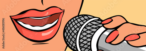 A beautiful girl sings or speaks into a microphone. Face and mouth close-up. Vector cartoon pop art illustration