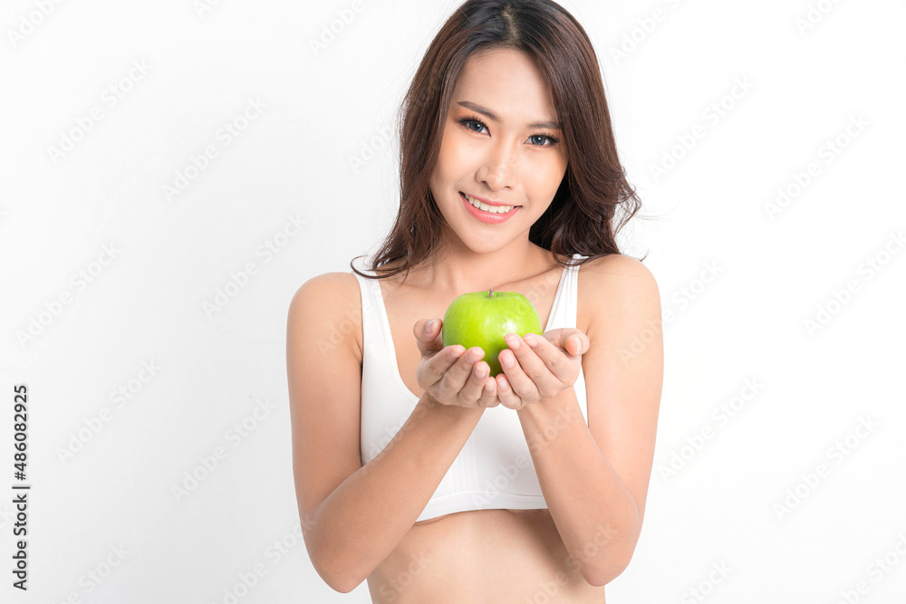Portrait woman holding green apple. Portrait woman holding green apple.