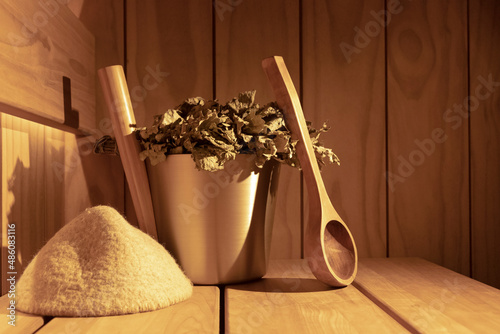 Sauna, bathhouse accessories in the steam room photo