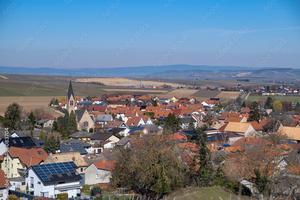 The town of Siefersheim/Germany in Rheinhessen surrounded by vineyards in spring 