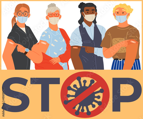 Stop coronavirus agitation concept. Vaccination promo, immunization of workers. Vaccine saves lives. People wearing protective mask showing their arm with bandage after receiving covid-19 vaccine