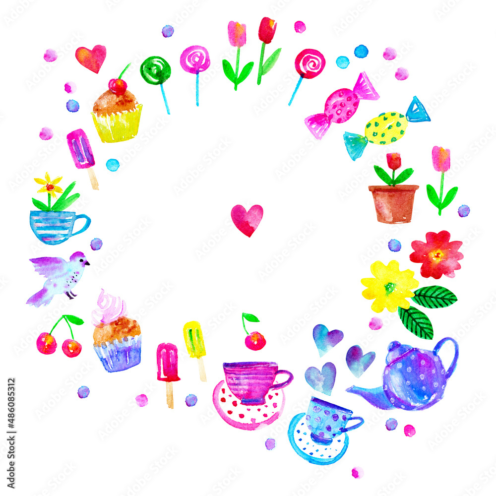 Spring season background with flowers, hearts, teapot, cup, cake, candy, popsicles Spring season background with flowers, hearts, teapot, cup, cake, candy, popsicles