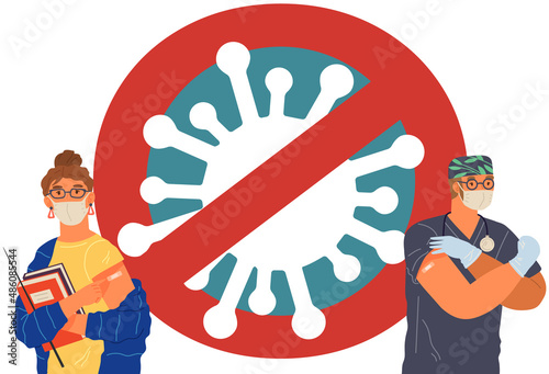 Stop coronavirus agitation concept. Vaccination promo, immunization of workers. Vaccine saves lives. People wearing protective mask showing their arm with bandage after receiving covid-19 vaccine