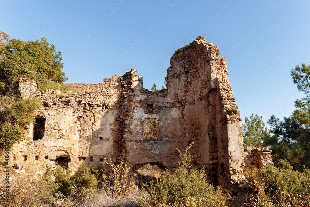 Ancient city of Syedra, Turkey. Antique ruins, historic old building overgrown with green trees.