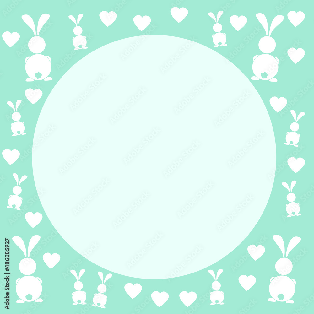 illustration of a background with a place for text in a round frame, an image of a bunny and hearts. For postcard, banner, flyer, invitation, site. Happy Mother's Day. from March 8, wedding, birthday,