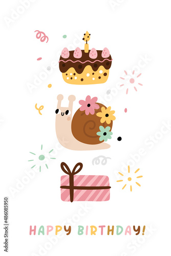 Cute snail with gift box and cake. Happy birthday card