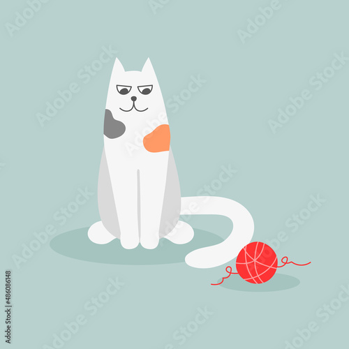 A cat looks at a ball of yarn. A playful curious kitty. Illustration of a flat-style vector character.