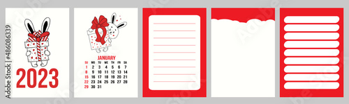 Vertical set calendar template for January 2023 with cute rabbit with gift and planner pages, notes, to do list. Vector illustration. Week from Sunday. in english. year of rabbit to Chinese calendar