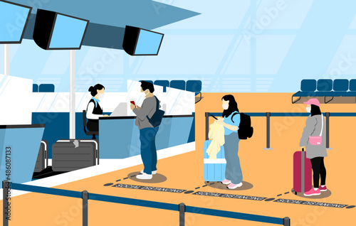 Tourists check in at the airport following covid-free setting and universal prevention measures