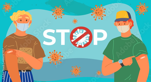 Stop coronavirus agitation concept. Vaccination promo, immunization of workers. Vaccine saves lives. People wearing protective mask showing their arm with bandage after receiving covid-19 vaccine