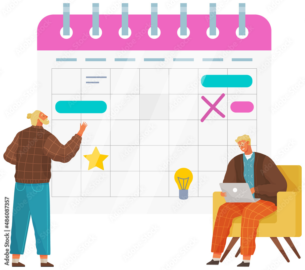 Task planning, businessmen look at calendar, time management, scheduling, month planning concept. Men making business timetable. People analyze plan, schedule. Colleagues discussing calendar for work
