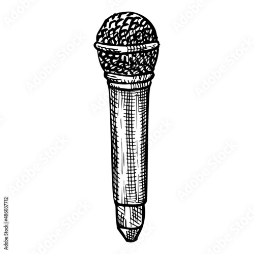 Retro microphone sketch isolated. Music equipment for karaoke in hand drawn style.
