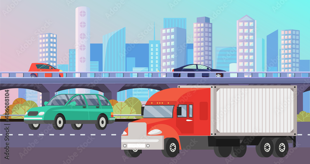 Delivery truck rides on road against background of tall buildings. Wagon with trailer for transporting goods worldwide. Vehicle for transportation and shipping. Delivery of parcels by transport