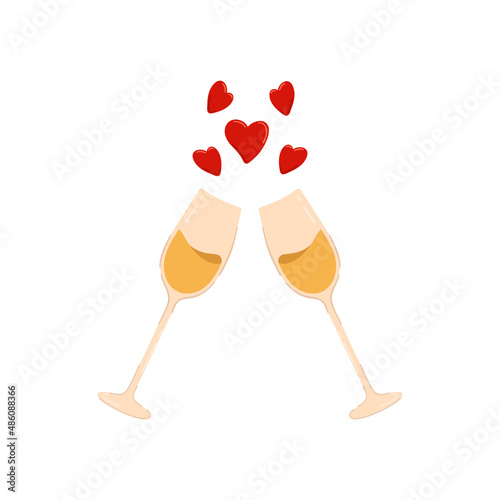 Two doodle glasses with champagne and hearts, holiday clipart