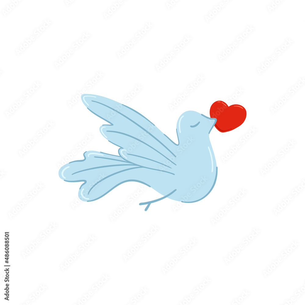 Obraz premium Cute stylized pigeon with a heart, a festive isolated doodle element for Valentine's Day