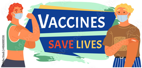 Stop coronavirus agitation concept. Vaccination promo, immunization of workers. Vaccine saves lives. People wearing protective mask showing their arm with bandage after receiving covid-19 vaccine