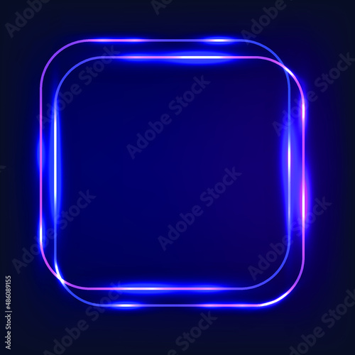 Purple blue square noen frame with rounded corners. Vector empty border tor text. Illuminated glowing neon frame night club sign. Thin shining line border, led flare text box. Cyber style design.