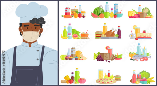 Male character cook using face mask for covid 19 during pandemic vector isolated illustration. Man kitchener follows quarantine rules against spread of virus, takes care of his health and colleagues