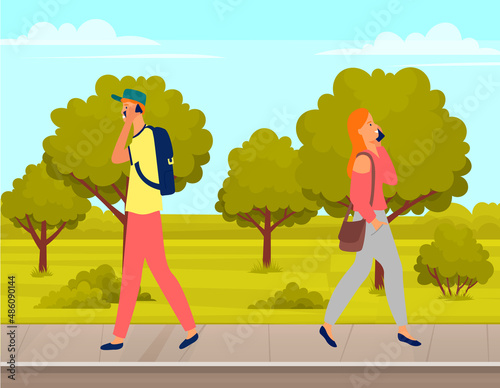 People walking and communicating with phones. Young woman surfs internet, man talking with friend outdoor. Concept of using Internet and modern digital gadgets. Couple spend time with smartphones