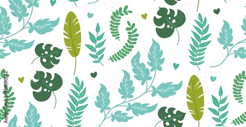 Seamless pattern of green vibrant jungle leaves. Vector illustration