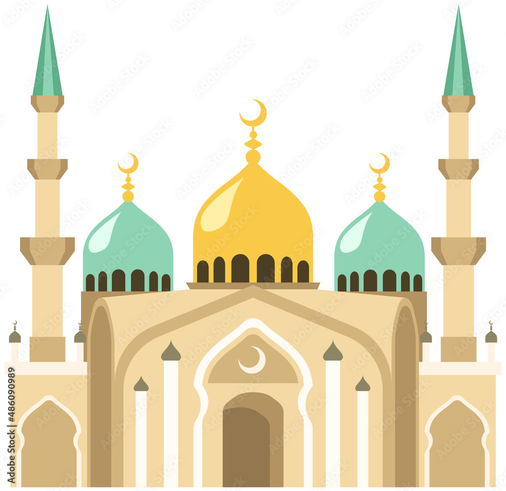 Muslim mosque isolated on white background. Temple vector classic cathedral illustration. Religious building in style of ancient architecture, traditional prayer house, dome with moon on roof