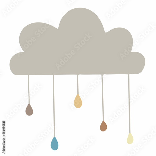 Vector illustration of cute cloud in kids boho style. Cute hand drawn boho cloud with colored rain. Boho style childrens room decoration.