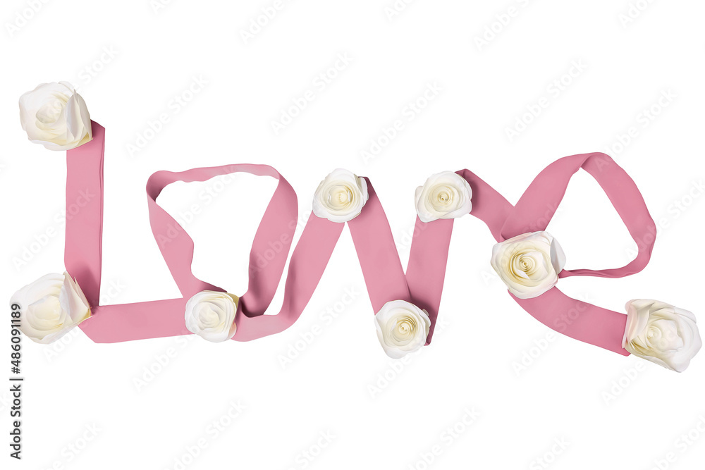 The word Love made from pink cloth ribbon with white paper roses