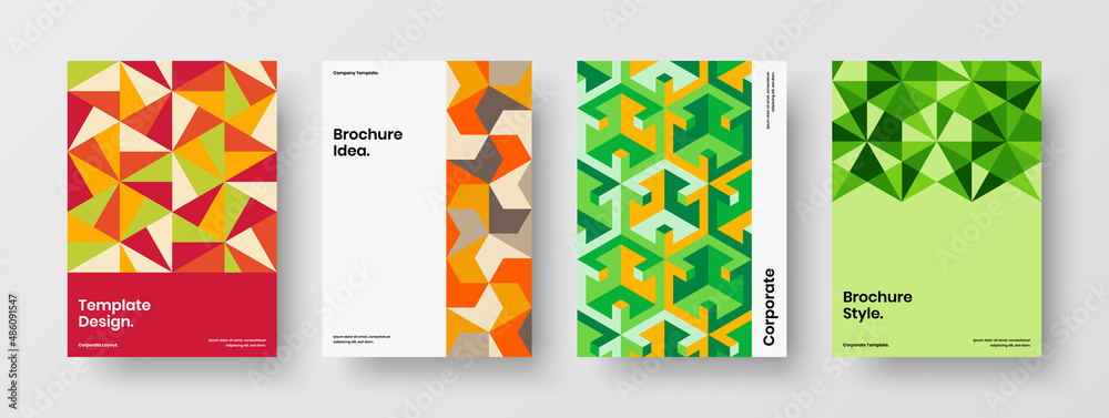 Unique corporate brochure design vector illustration set. Vivid mosaic hexagons leaflet concept composition.