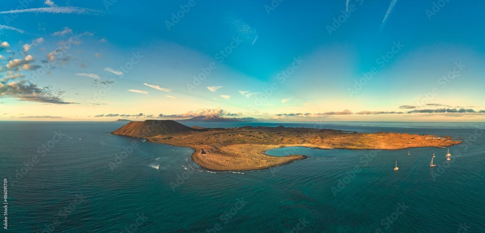 Stunning panoramic aerial view of Isla de Lobos island near Corralejo in Fuerteventura 