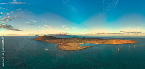 Stunning panoramic aerial view of Isla de Lobos island near Corralejo in Fuerteventura  © Dave
