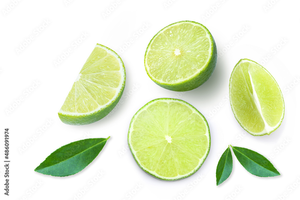 lime with leaf on white.