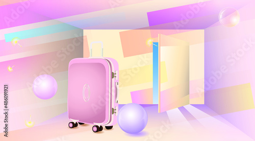 Pink suitcase at the opening door. Abstract vector illustration.
Concept of a dream vacation, travel.