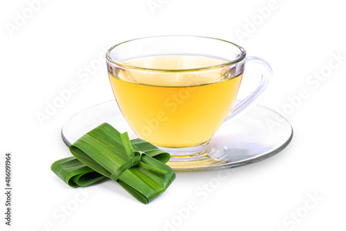Fresh green pandan leaf and cup of pandan juice tea isolated on white background.  photo