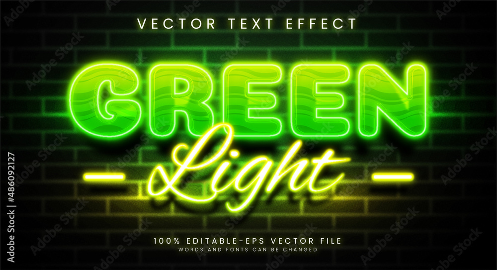 Green light editable text style effect. Glowing text with green and yellow colors, suitable for neon style theme. Green light editable text style effect. Glowing text with green and yellow colors, suitable for neon style theme.