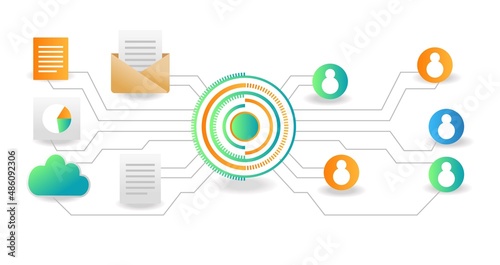 Isometric illustration concept. Team network digital transformation button