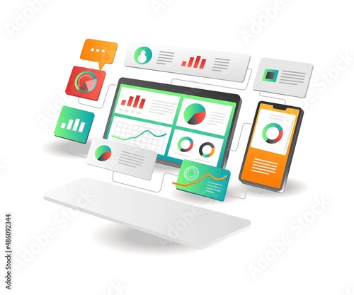 Isometric illustration concept. Smartphone computer analysis data network