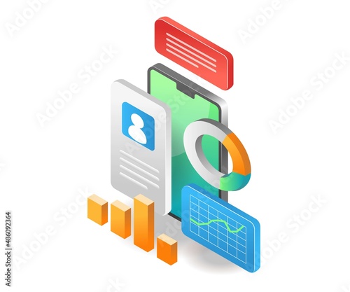 Isometric illustration concept. Smartphone business investment data analysis account