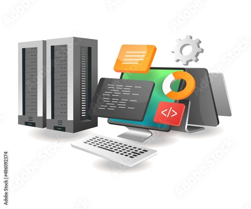 Isometric illustration concept. Server data security with programming language code