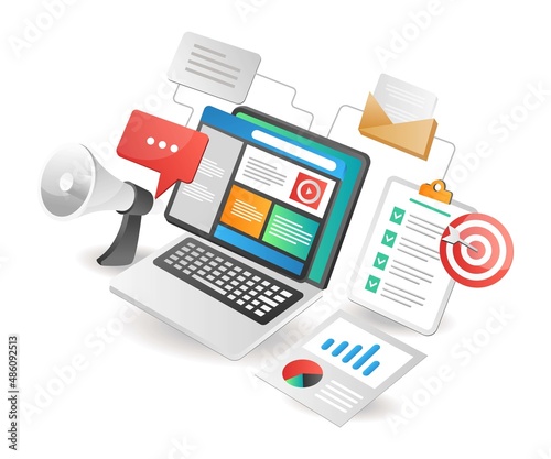 Isometric illustration concept. Seo marketing target web design