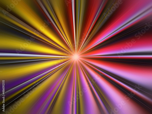 An illustration rendered in 3d of colorful light rays forming a tunnel of light and converging at the center.