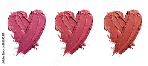 lipstick smudge or color paint heart shape texture on white background. Beauty makeup product swatch and love concept photo