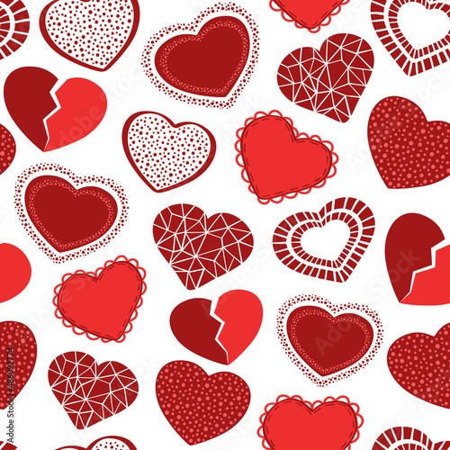 Valentine's Day hand drawn seamless pattern of cute hearts. Colorful romantic doodle sketch vector. Decorative illustration for greeting card, wallpaper, wrapping paper, fabric