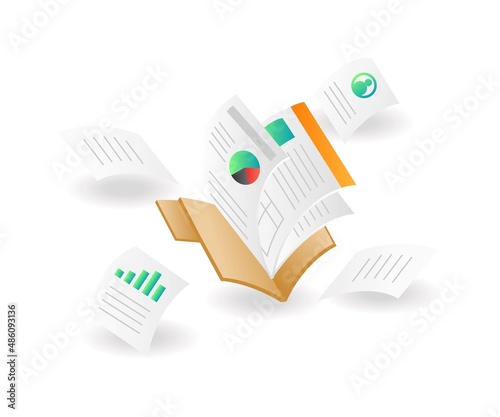 Isometric illustration concept. Analysis data paper out of folder